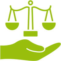 Hand holding a set of Justice scales